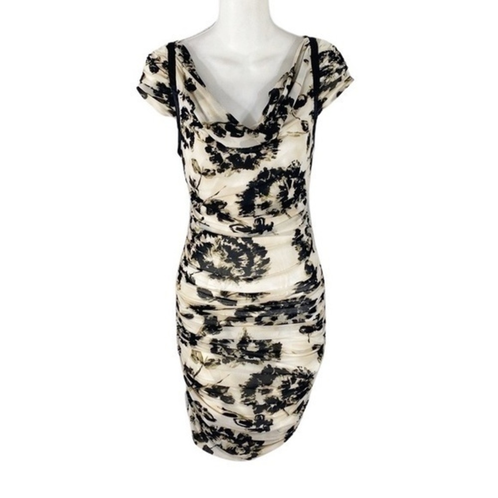 Bebe white tan black dandelion floral print mesh bodycon drape neck dress JJ9